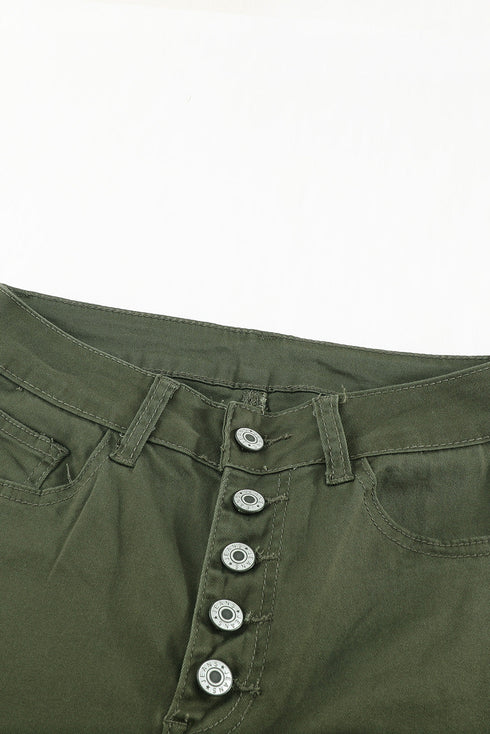 Plain High Waist Buttons Frayed Cropped Denim Jeans